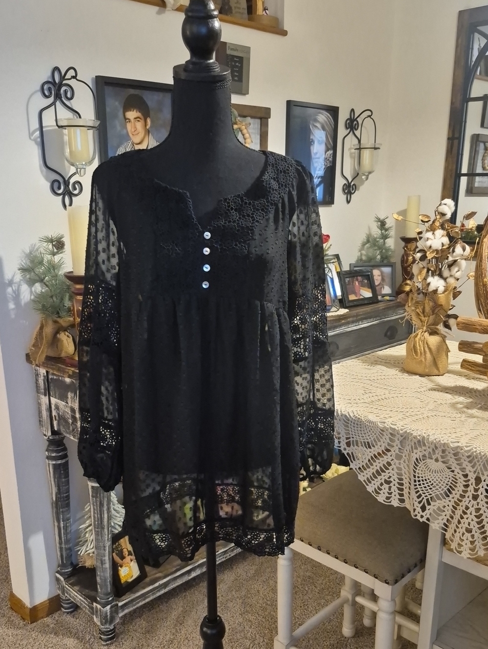 Daniel Rainn Black Lace & Swiss Dot Peasant Tunic